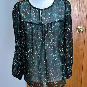 🆕 BANANA REPUBLIC, Boho long sleeve black/green floral print blouse BIN H
